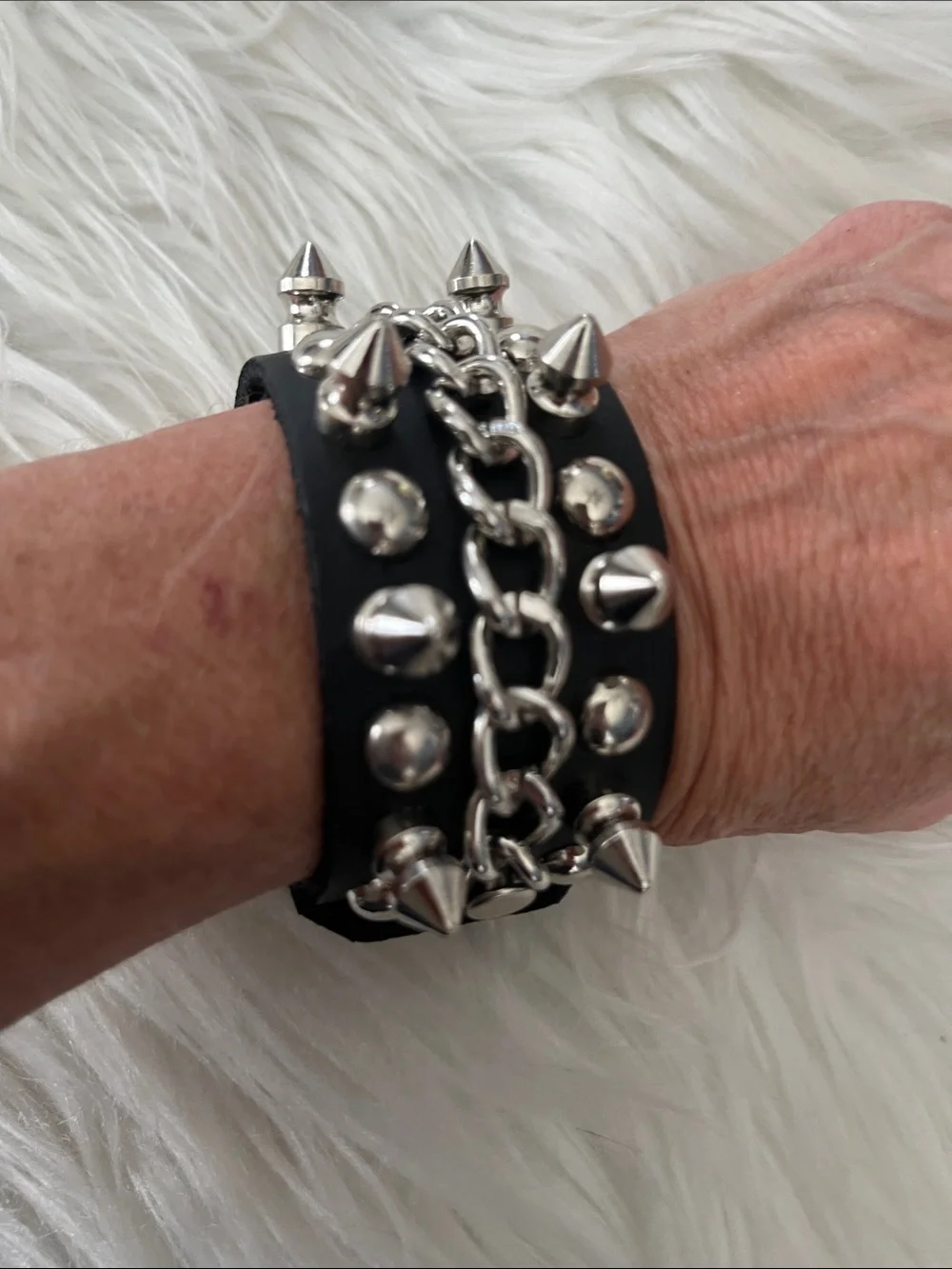 Black Studded Spike Chain Leather Bracelet - Unbranded